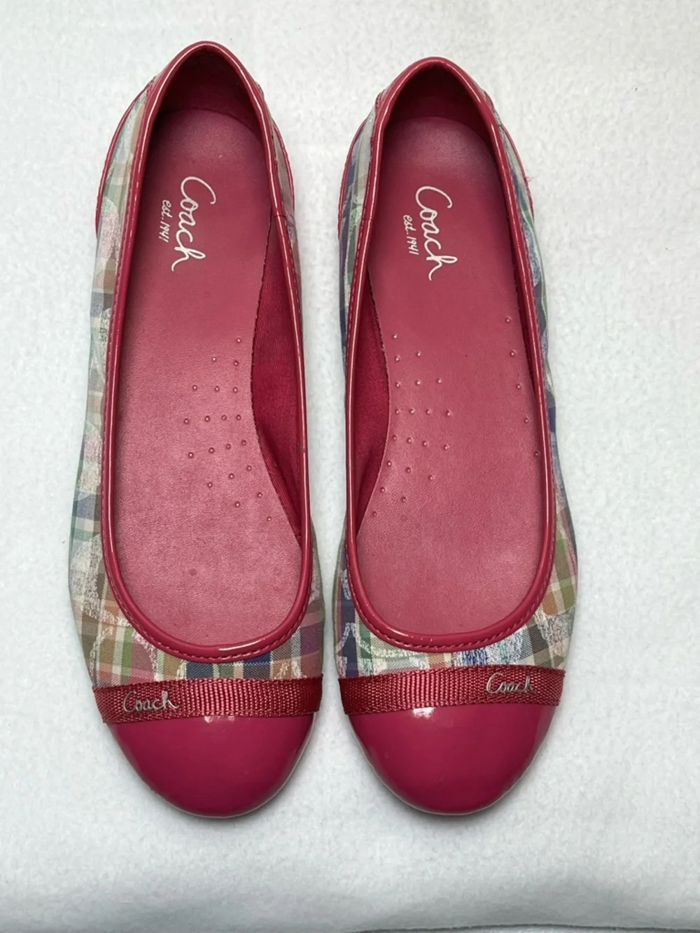 Coach Pink Plaid Cap-Toe Ballet Flats with Logo Ribbon - Picture 6 of 13